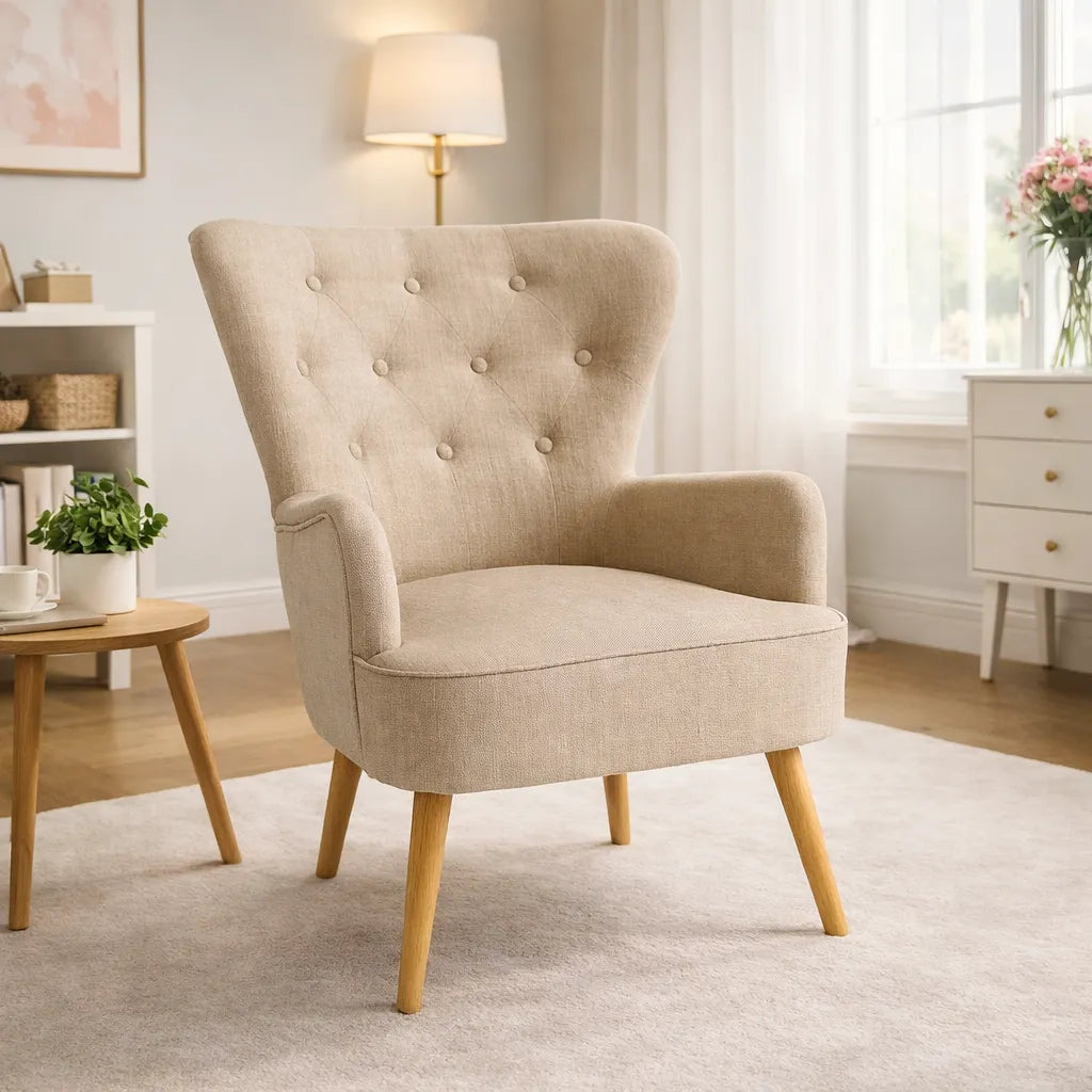 Poltrona Giulietta in tessuto Oxford antimacchia con schienale ergonomico trapuntato e piedini in legno, ideale per soggiorno, studio o camera da letto.