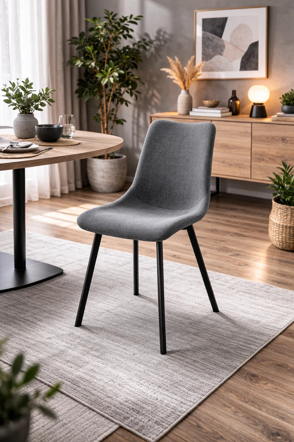 Sedia Iris con seduta acquamarina in tessuto easy-clean e struttura in metallo nero