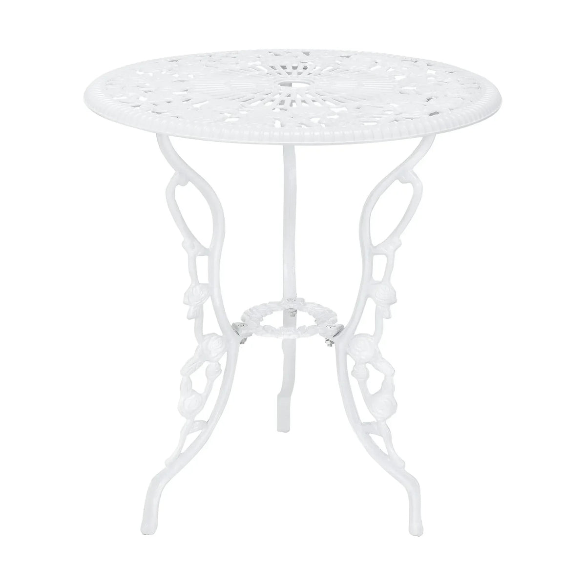 Set da giardino vintage 3 pezzi in alluminio bianco, composto da tavolo con foro per ombrellone e due sedie decorate in stile floreale