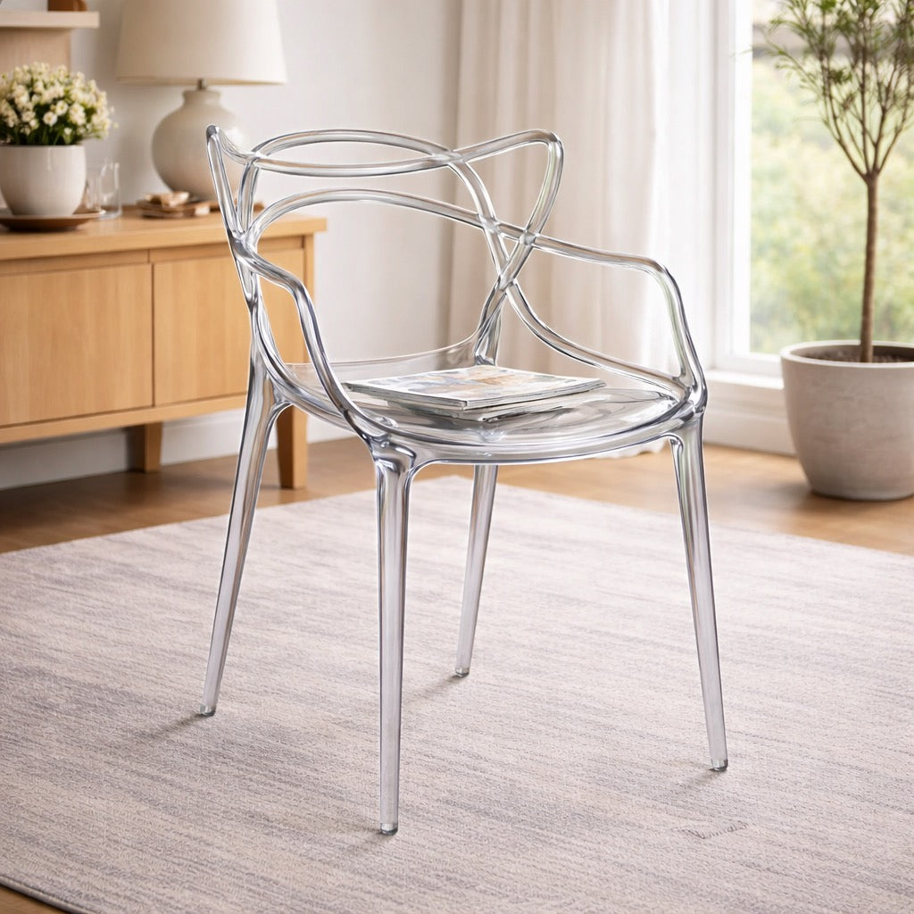 Sedia Curve in polipropilene nero lucido con design moderno e linee intrecciate