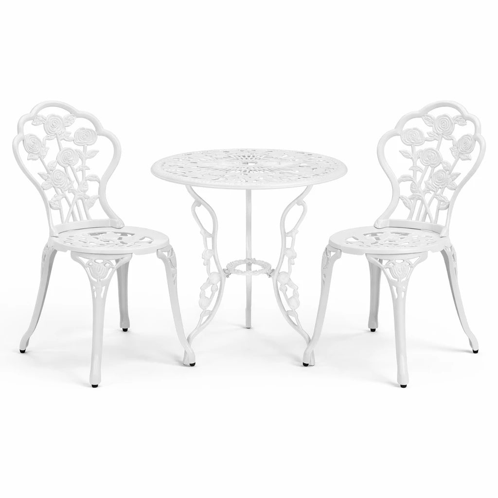 Set da giardino vintage 3 pezzi in alluminio bianco, composto da tavolo con foro per ombrellone e due sedie decorate in stile floreale