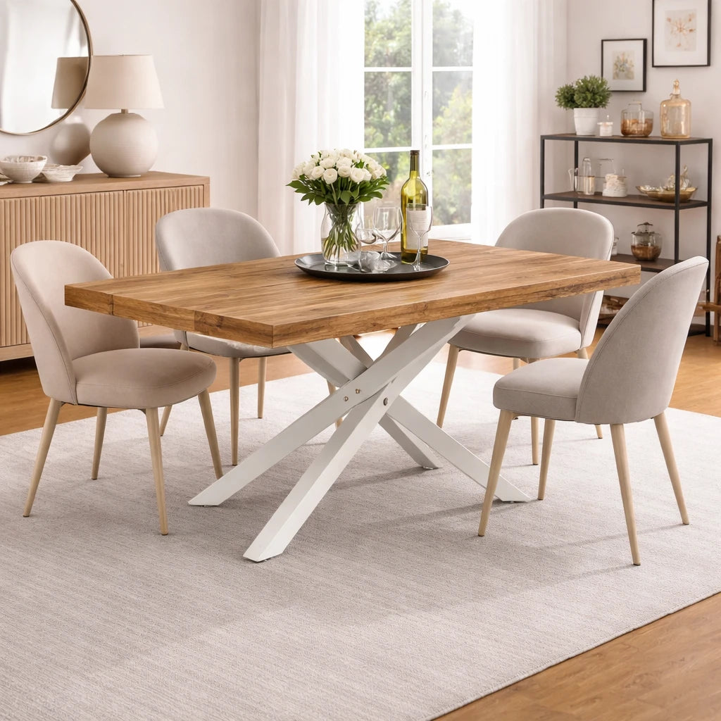 Tavolo Anson allungabile con piano in rovere o effetto cemento e gambe incrociate in metallo, estensibile da 160 a 240 cm