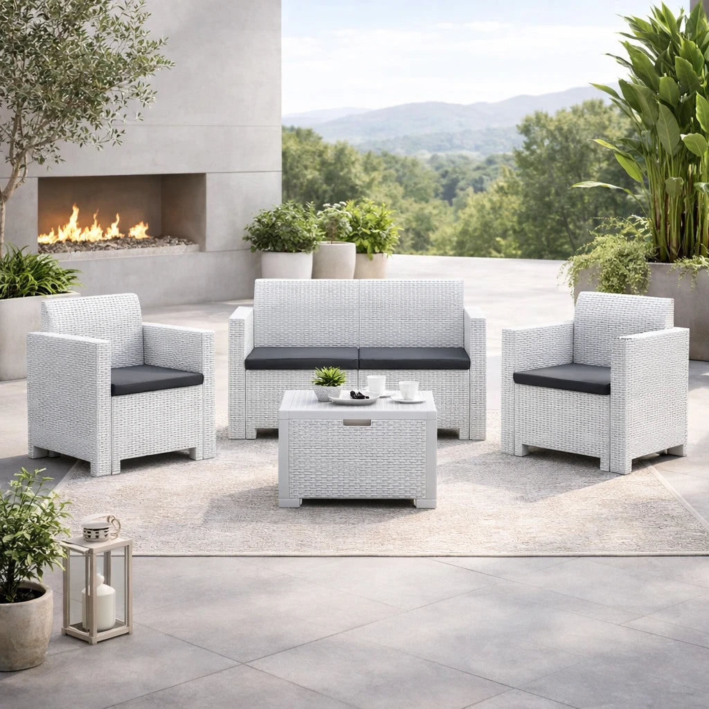 Set salottino da esterno Nebraska con divano 2 posti, 2 poltrone, tavolino e cuscini sfoderabili in rattan