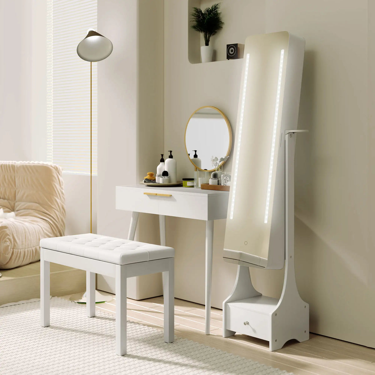 Toeletta da Trucco Bianca con Specchio Oro, 2 Cassetti e Gambe in Legno – Design Elegante per Camera da Letto