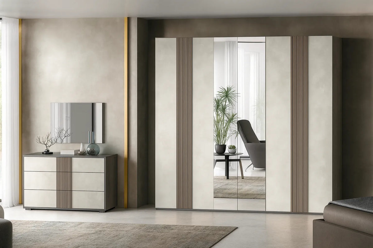 Camera da letto moderna Alba con letto contenitore e armadio antracite con frontali spatolati