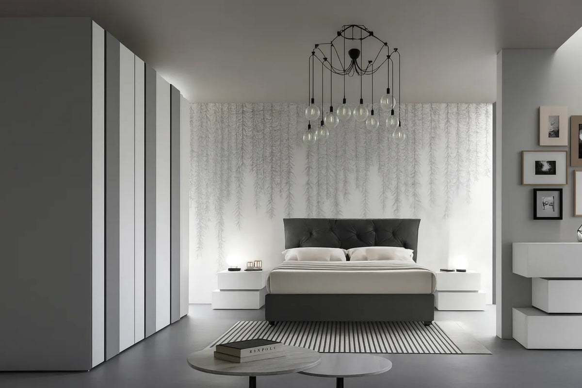 Camera da letto moderna Ancona in finitura cemento bianco e grigio con letto contenitore