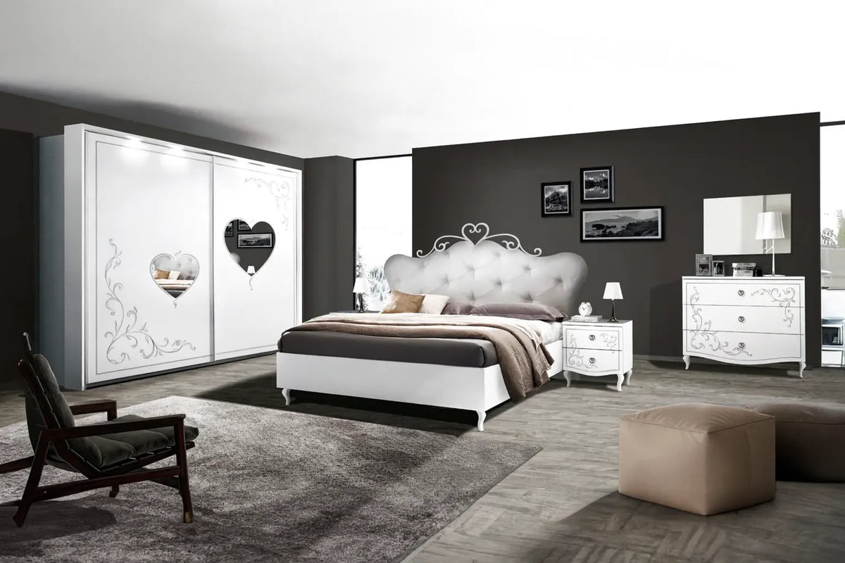 Camera da Letto Dublino Bianca con o senza contenitore, finitura bianco frassinato con serigrafia argento – Europa Mobili