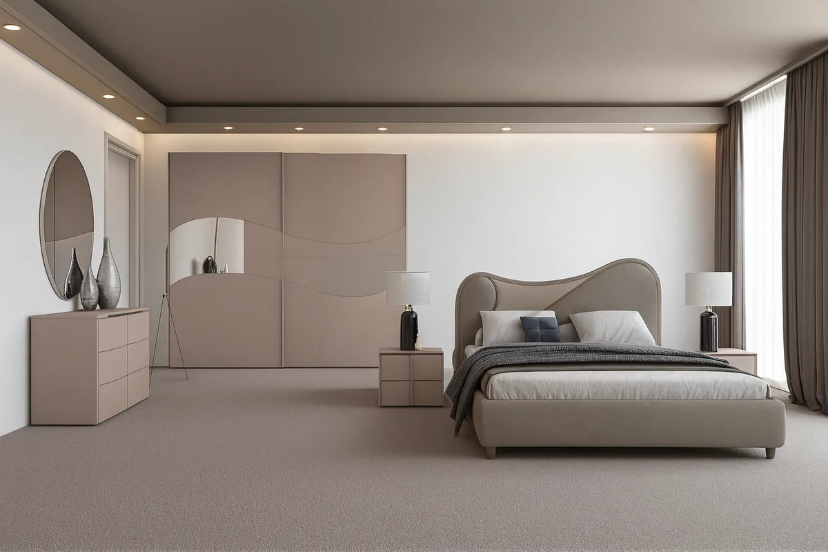 Camera da letto moderna FIRENZE con letto contenitore e armadio scorrevole laccato visone con specchi