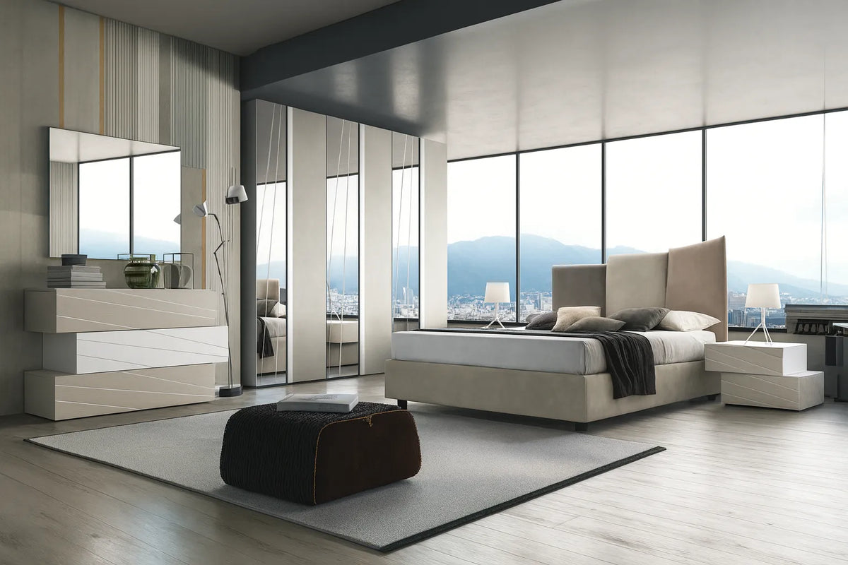 Camera da letto moderna Londra con letto contenitore e armadio con specchi glitter