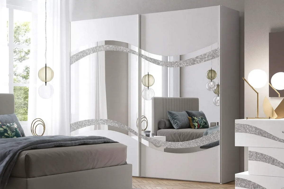 Camera da letto moderna Malta Bianca con letto contenitore e dettagli glitter argento