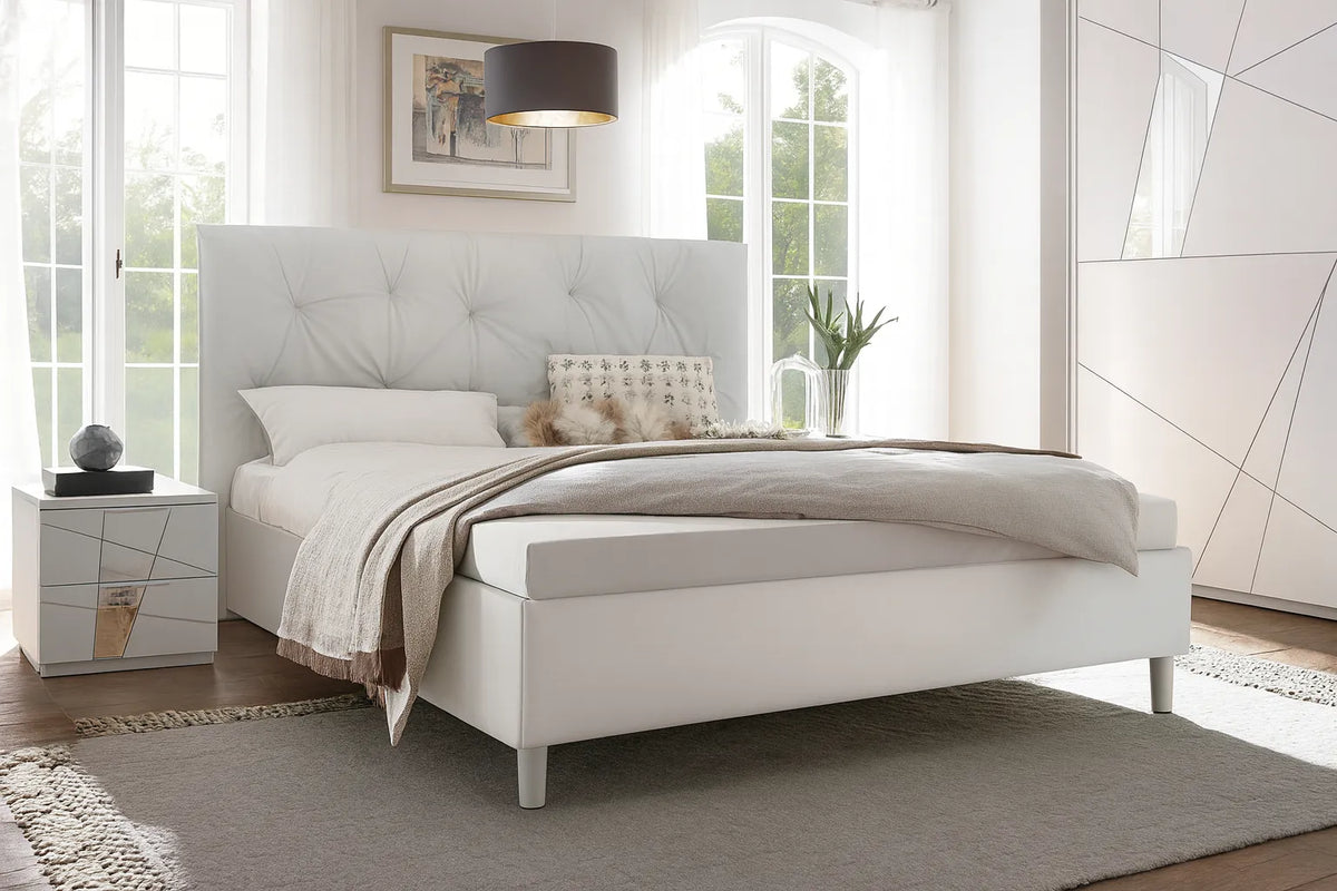 Camera da letto moderna Montecarlo con letto contenitore e armadio bianco frassino con specchi e faretti
