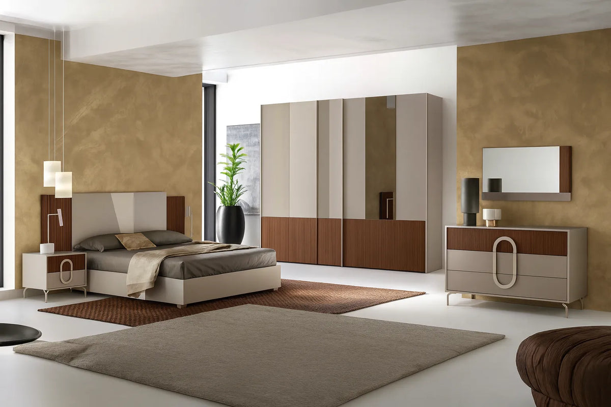 Camera da letto completa con letto contenitore e armadio scorrevole tortora e cannettato
