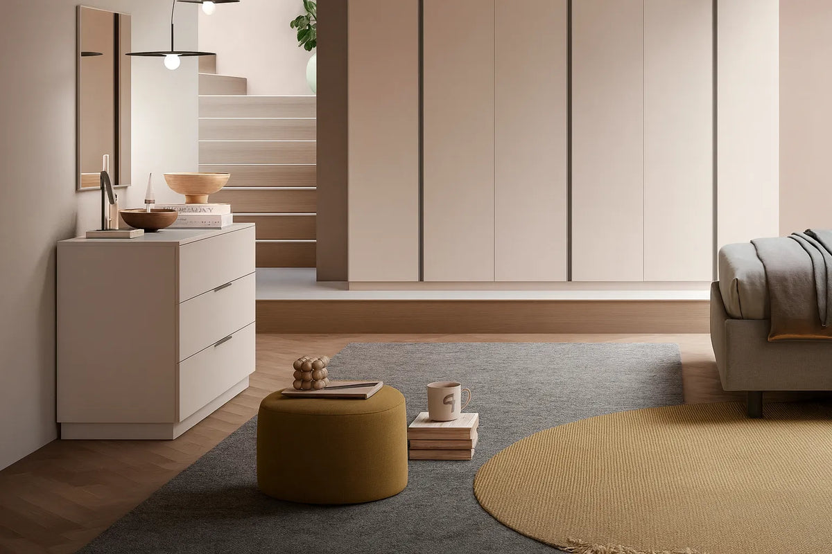 Camera da letto moderna Sakura con letto contenitore e armadio battente cachemire con maniglie antracite