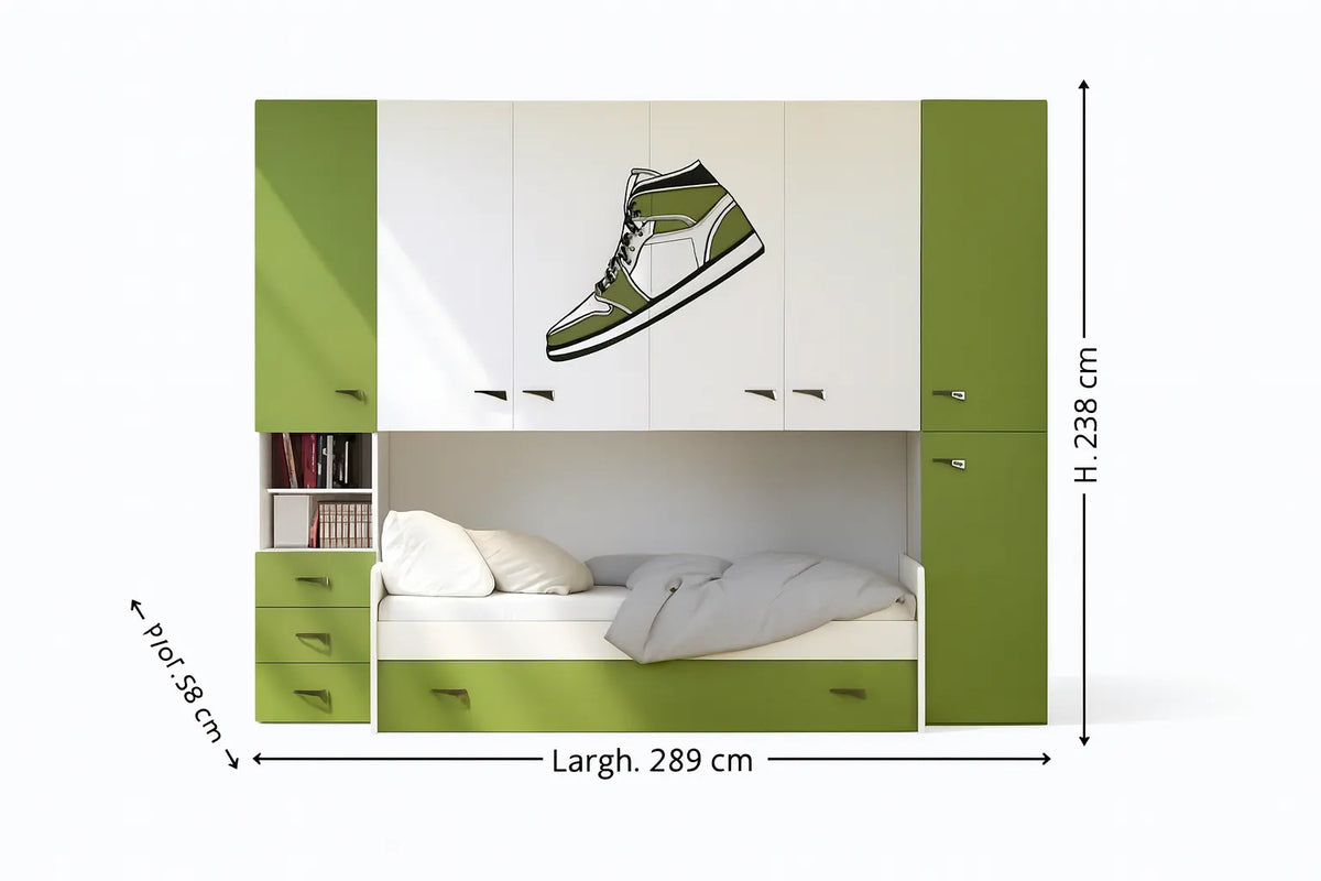 Cameretta Begonia a ponte disponibile in rosso, verde o blu con doppio letto e cabina opzionale da 90 cm – Europa Mobili