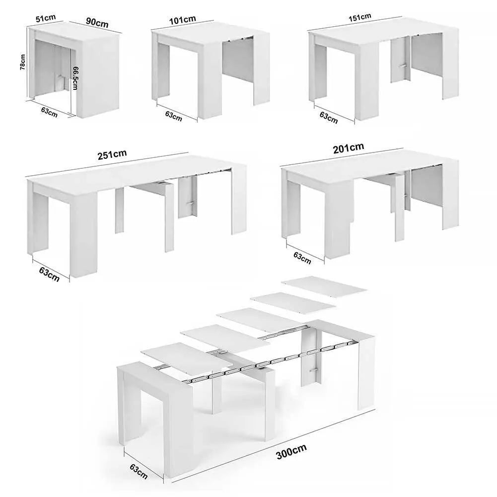 Consolle allungabile salvaspazio in legno MDF estensibile da 78 a 300 cm disponibile nelle finiture olmo, bianco frassinato e cemento.