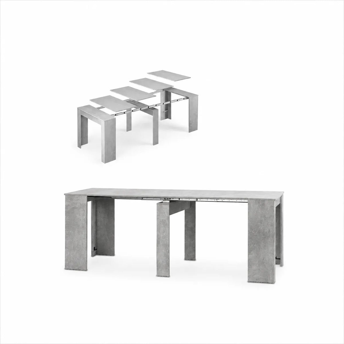 Consolle allungabile salvaspazio in legno MDF estensibile da 78 a 300 cm disponibile nelle finiture olmo, bianco frassinato e cemento.