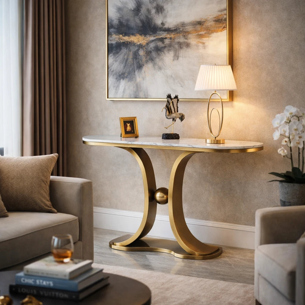 Consolle Venezia con base in metallo oro dal design curvo e piano effetto marmo in ambiente elegante e moderno