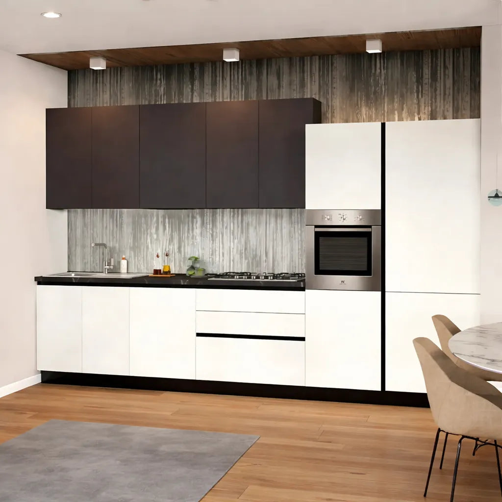 Cucina Armonia 363 cm moderna bianco frassino e antracite con elettrodomestici inclusi.