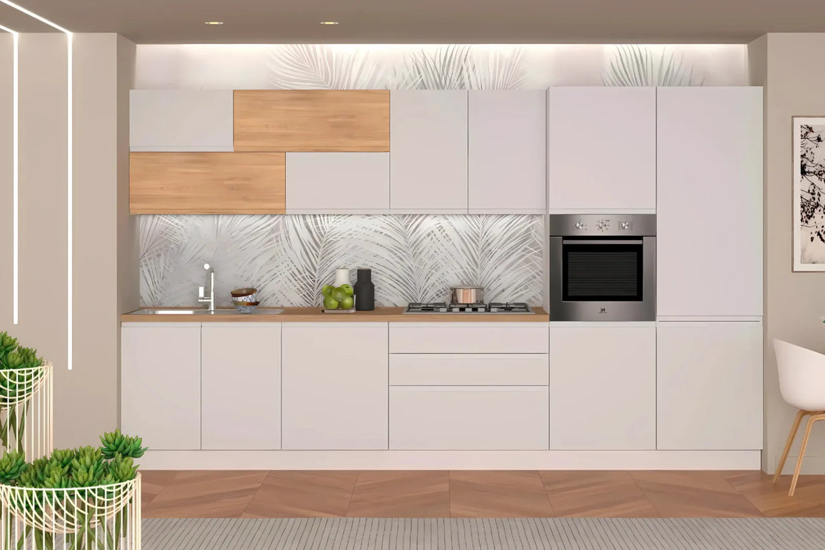 Cucina Evelyn 360 cm moderna in bianco opaco e rovere rustico con elettrodomestici inclusi.