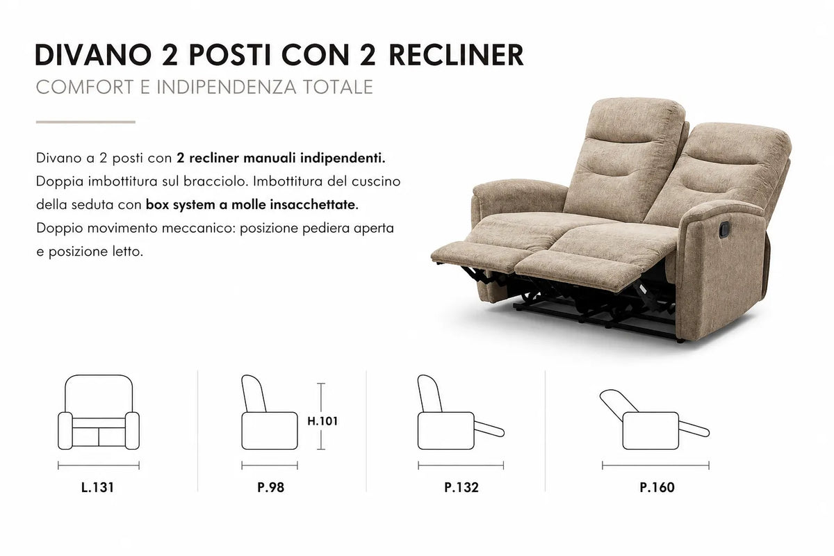 Divano Thiago relax 2 posti tortora o grigio con doppio recliner manuale