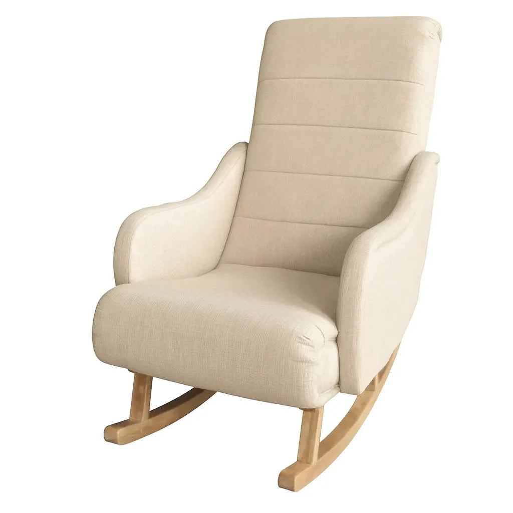 Dondolo Giulietta in legno con schienale ergonomico e rivestimento in cotone. Design classico per interni eleganti e spazi relax coperti.