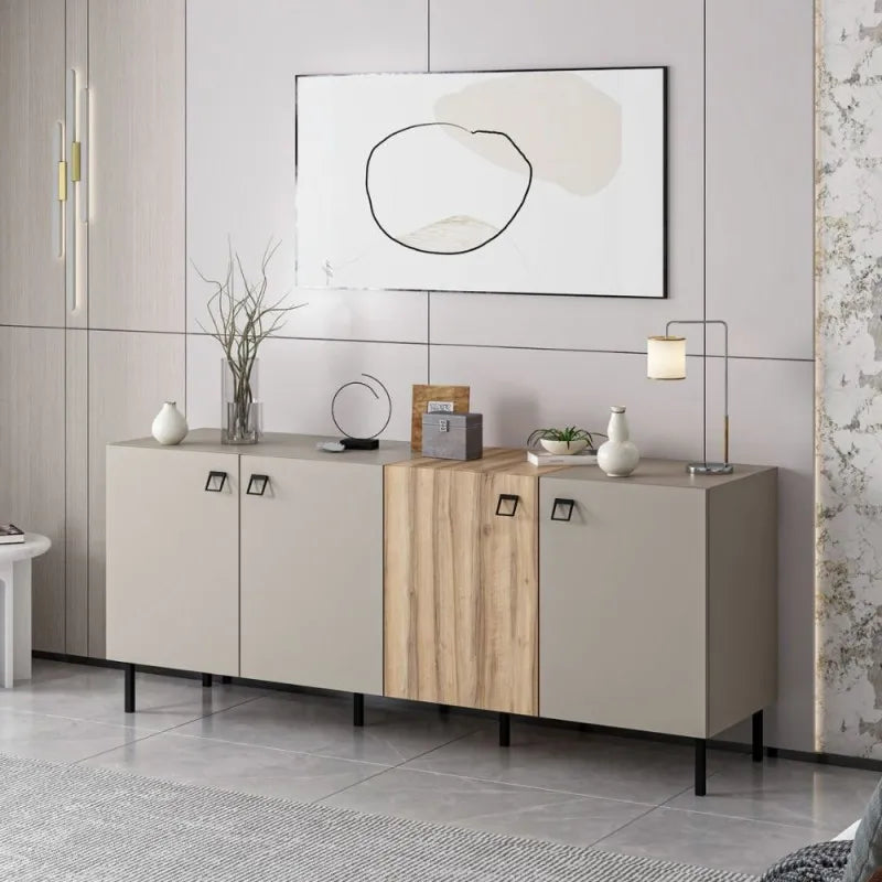 Madia moderna 4 ante color cashmere e rovere con piedini e maniglie nere