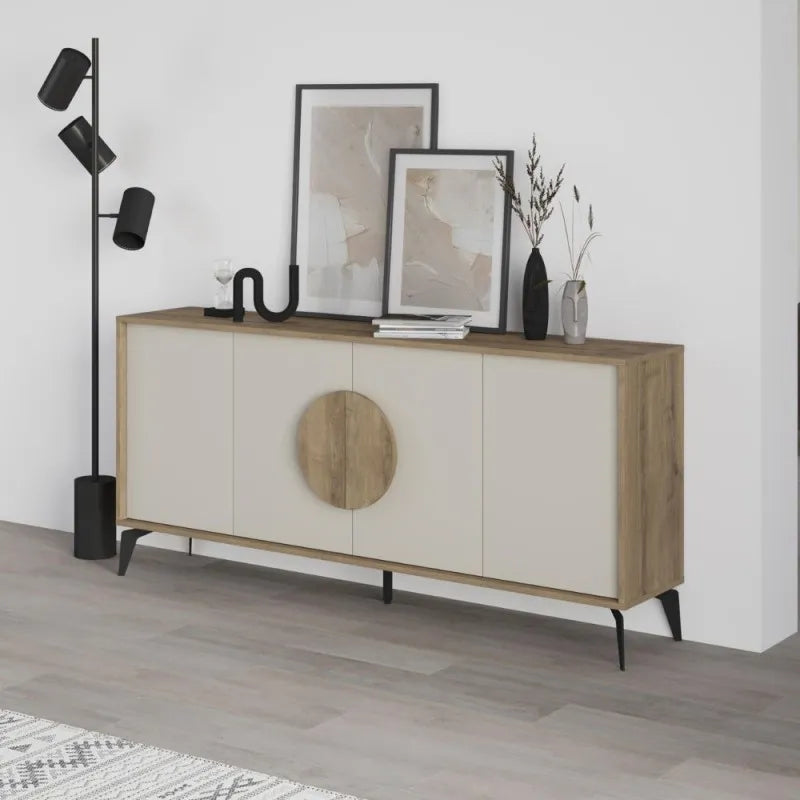 Madia moderna a 4 ante in finitura noce e cashmere con gambe in metallo nero