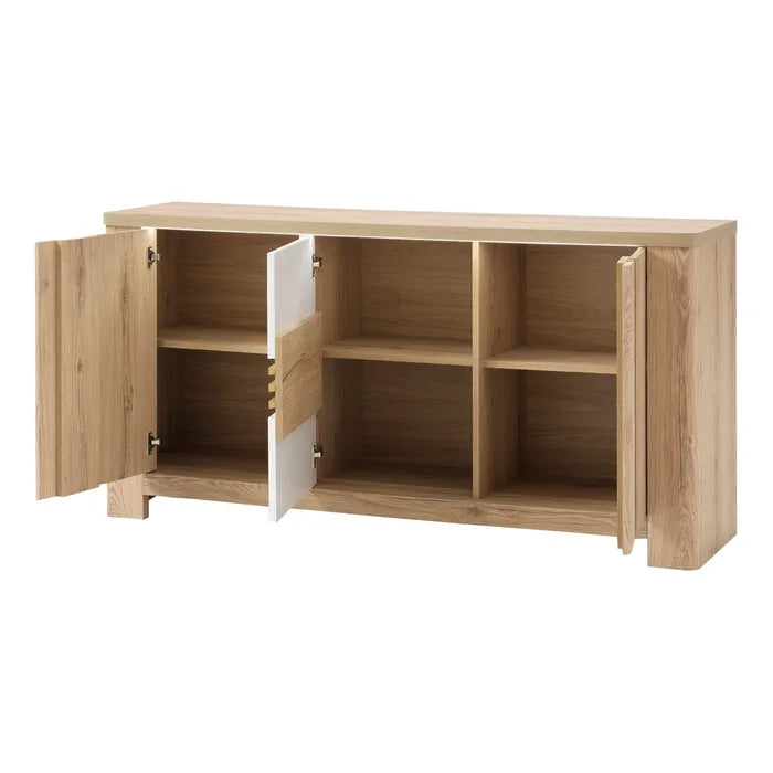 Madia Palazzo 3 ante con finitura Rovere Wellington e Bianco Laccato. Mobile contenitore elegante e moderno Made in Italy, perfetto per il soggiorno.