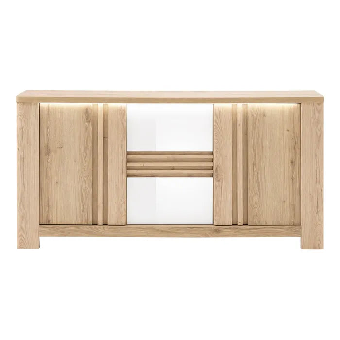 Madia Palazzo 3 ante con finitura Rovere Wellington e Bianco Laccato. Mobile contenitore elegante e moderno Made in Italy, perfetto per il soggiorno.