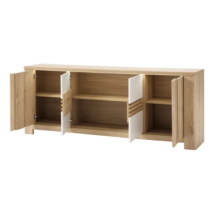 Madia Palazzo 4 ante con finitura Rovere Wellington e Bianco Laccato. Mobile contenitore elegante e moderno Made in Italy, perfetto per il soggiorno.