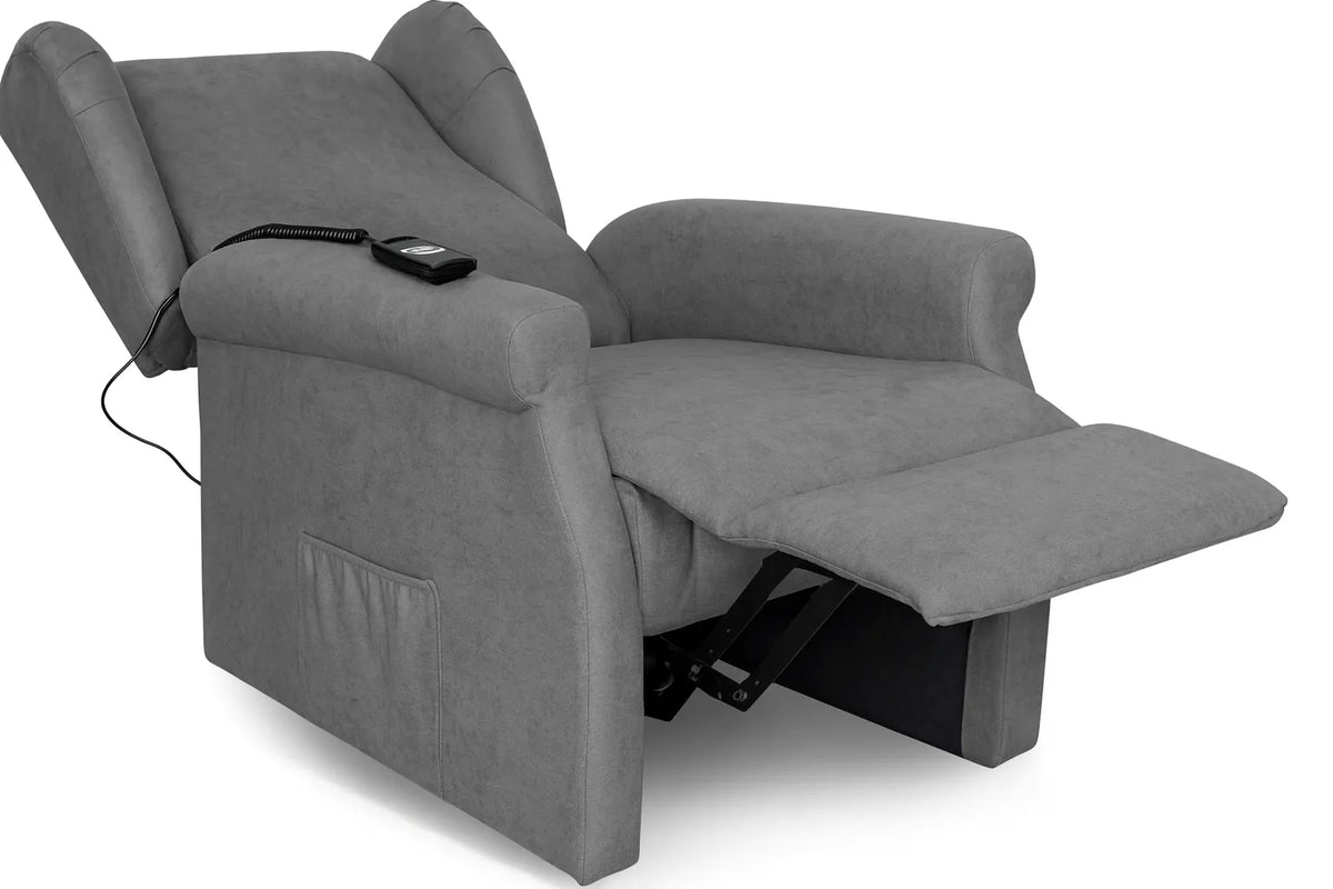 Poltrona reclinabile elettrica alzapersona in tessuto, disponibile nei colori grigio e tortora, con telecomando e meccanismo relax motorizzato.