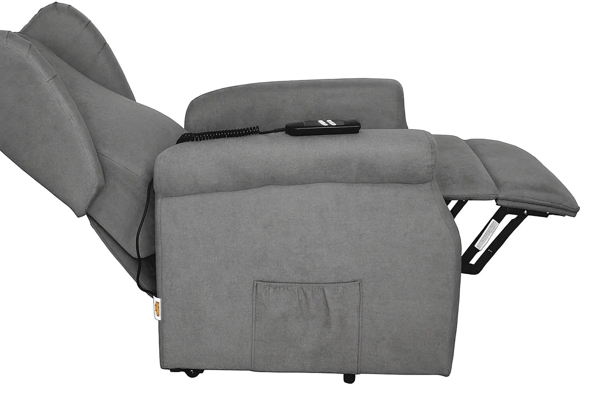 Poltrona reclinabile elettrica alzapersona in tessuto, disponibile nei colori grigio e tortora, con telecomando e meccanismo relax motorizzato.