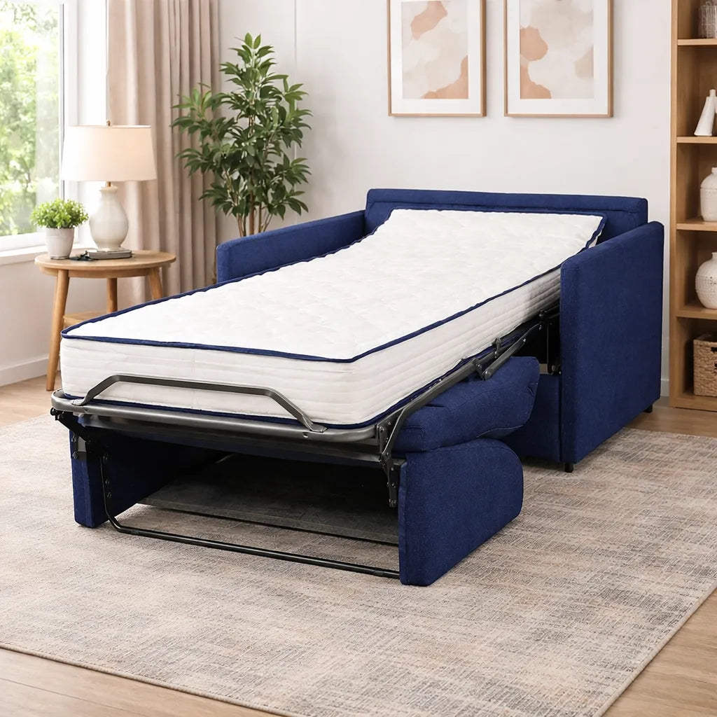 Poltrona letto trasformabile con materasso alto 18 cm e rivestimento in tessuto idrorepellente e antimacchia in vari colori.
