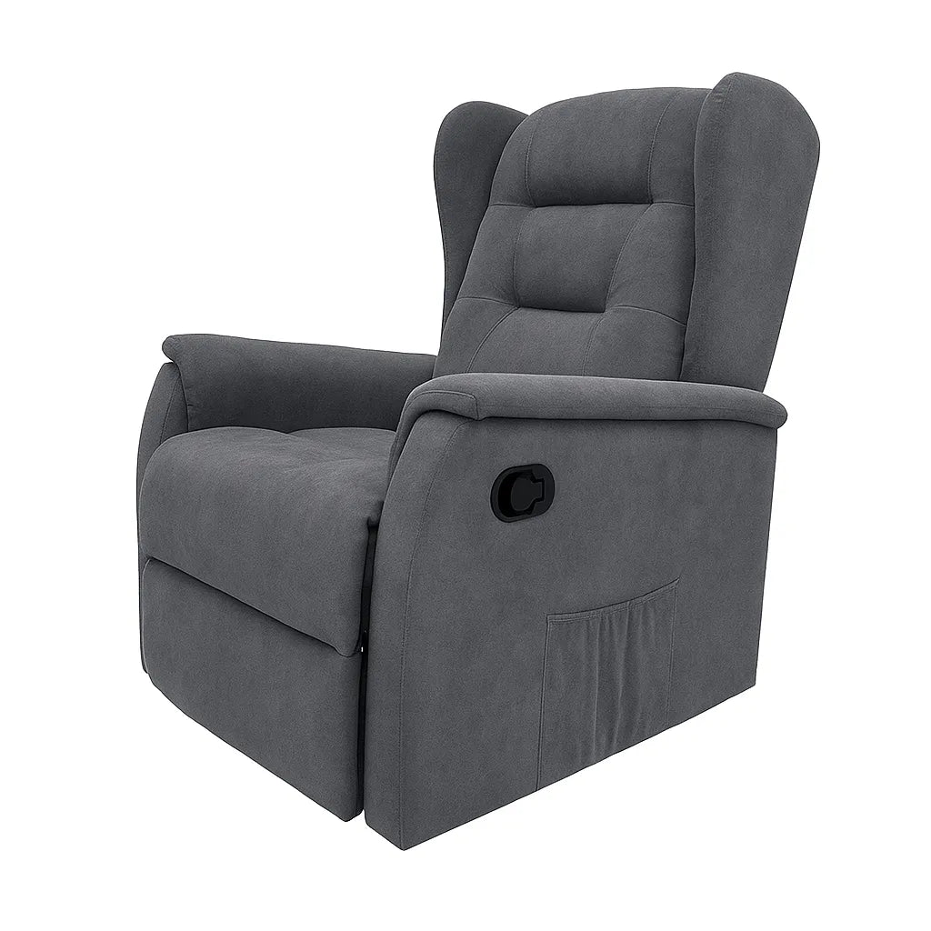 Poltrona relax Ariel in tessuto, reclinabile manualmente con leva laterale, design moderno e schienale alto