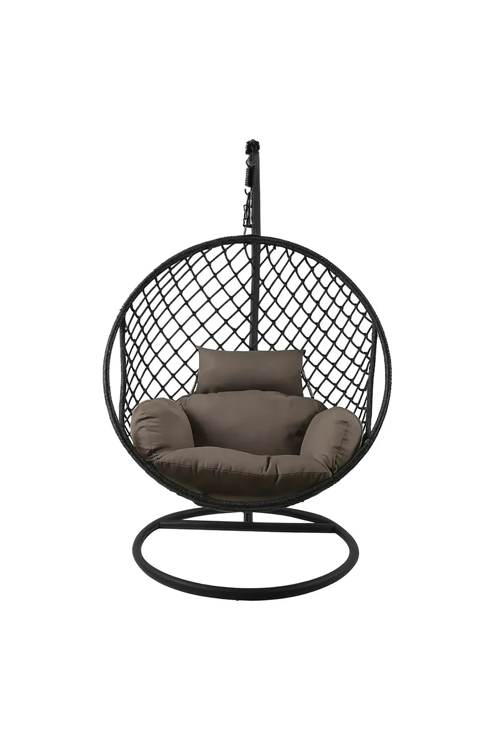 Poltrona sospesa Lita a forma di uovo con intreccio effetto corda, struttura in acciaio e cuscini color nero. Per esterni o angoli relax interni.