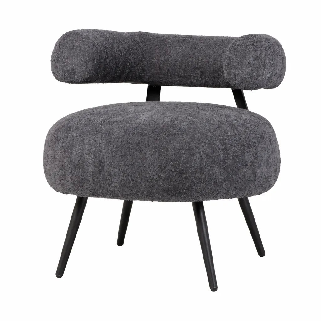 Poltrona Teddy in tessuto bouclé grigio con seduta arrotondata e schienale cilindrico design moderno