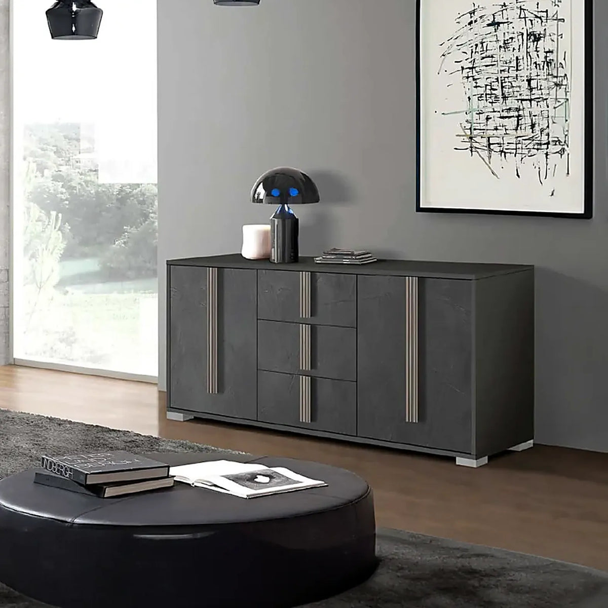 Sala Giada soggiorno moderno con parete attrezzata e madia finitura spatolato antracite e iron.