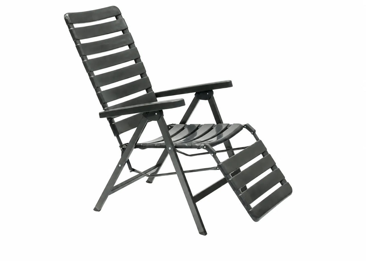 Sdraio Relax Pro reclinabile in metallo e resina grigio antracite con schienale regolabile, poggiagambe integrato e struttura pieghevole per giardino e terrazzo.