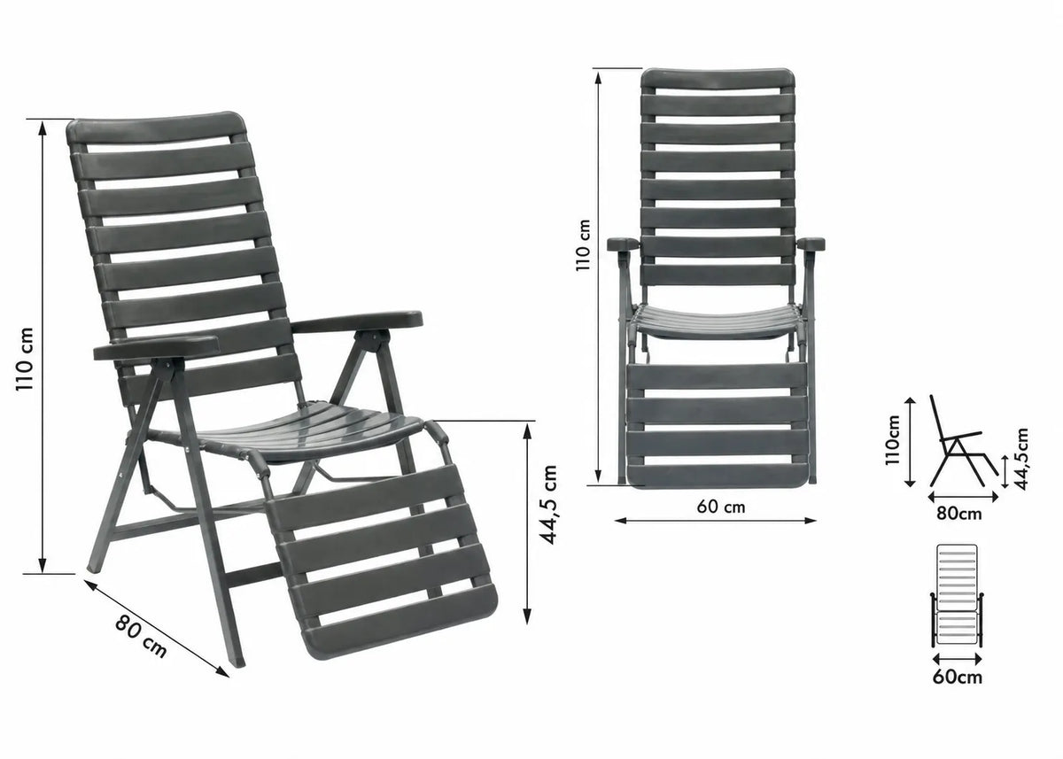 Sdraio Relax Pro reclinabile in metallo e resina grigio antracite con schienale regolabile, poggiagambe integrato e struttura pieghevole per giardino e terrazzo.