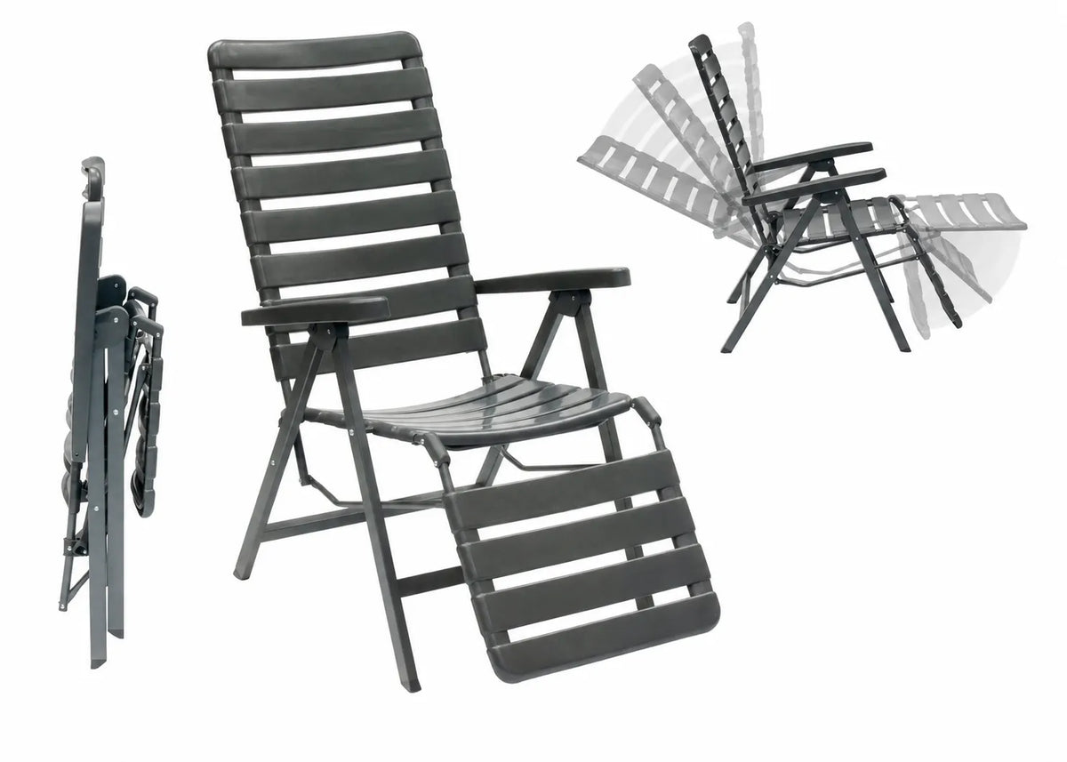 Sdraio Relax Pro reclinabile in metallo e resina grigio antracite con schienale regolabile, poggiagambe integrato e struttura pieghevole per giardino e terrazzo.