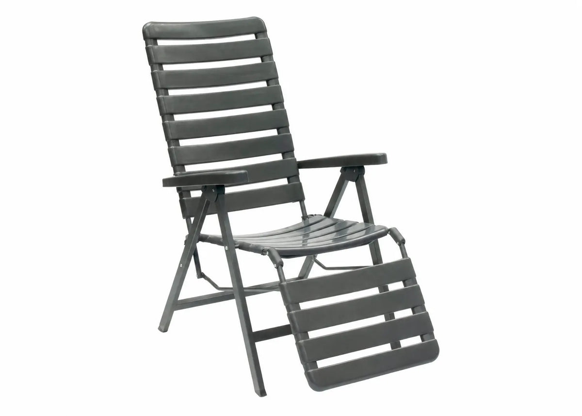Sdraio Relax Pro reclinabile in metallo e resina grigio antracite con schienale regolabile, poggiagambe integrato e struttura pieghevole per giardino e terrazzo.