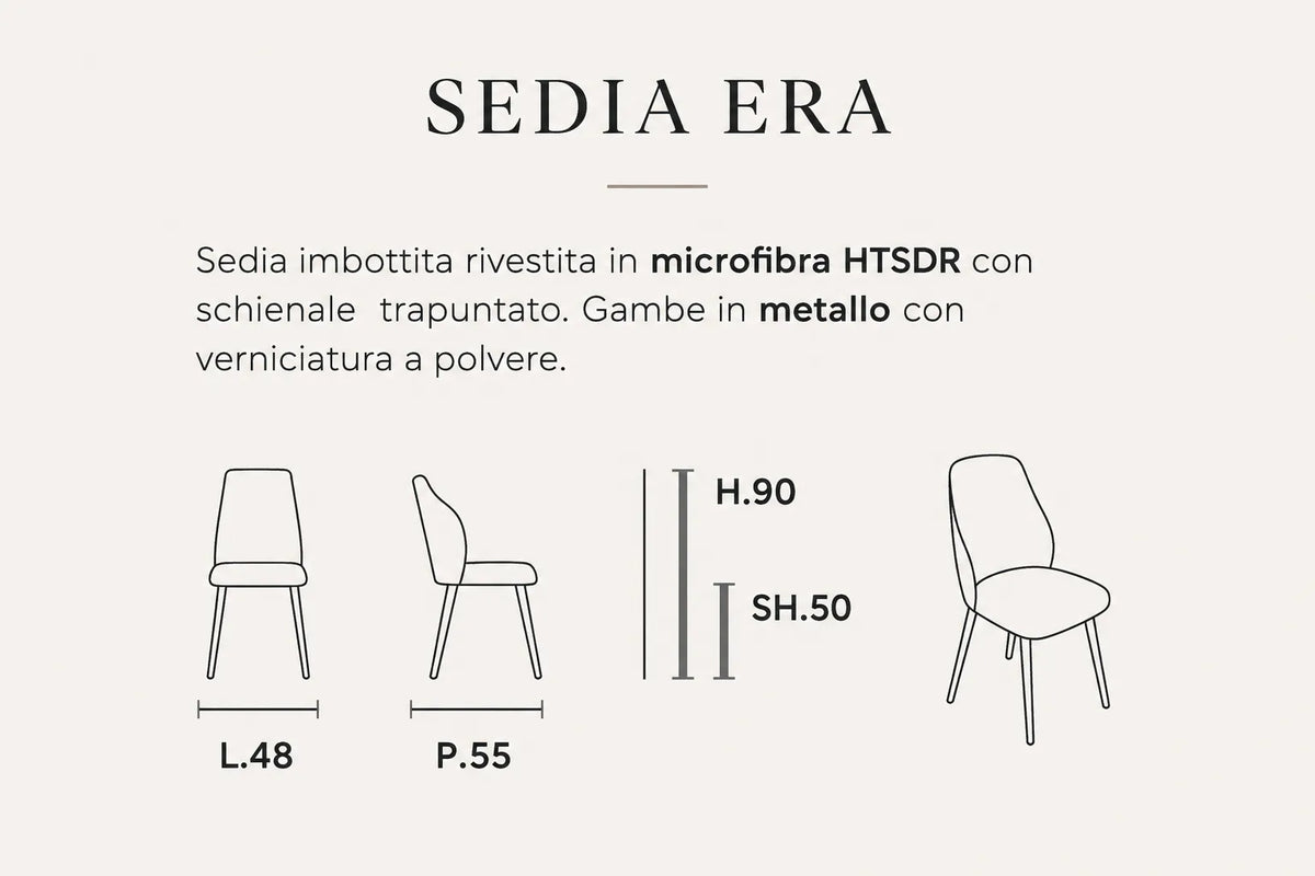 Sedia Era imbottita in microfibra HTSDR con schienale trapuntato e gambe in metallo verniciato a polvere