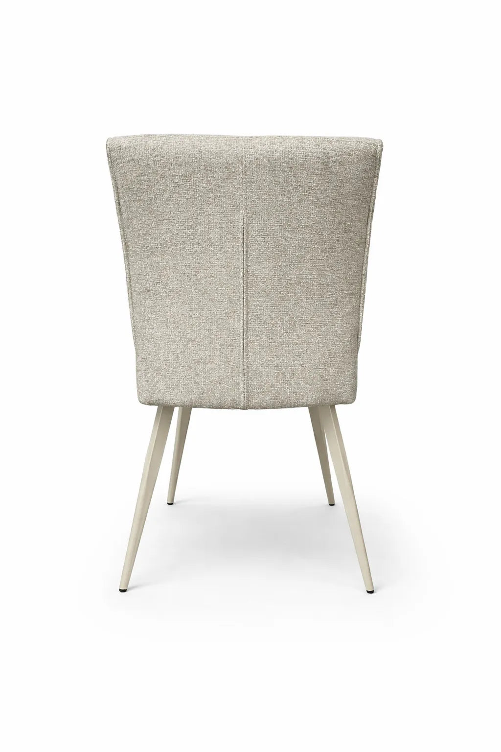 Sedia Eva rivestita in tessuto tortora o grigio con gambe in metallo verniciato.