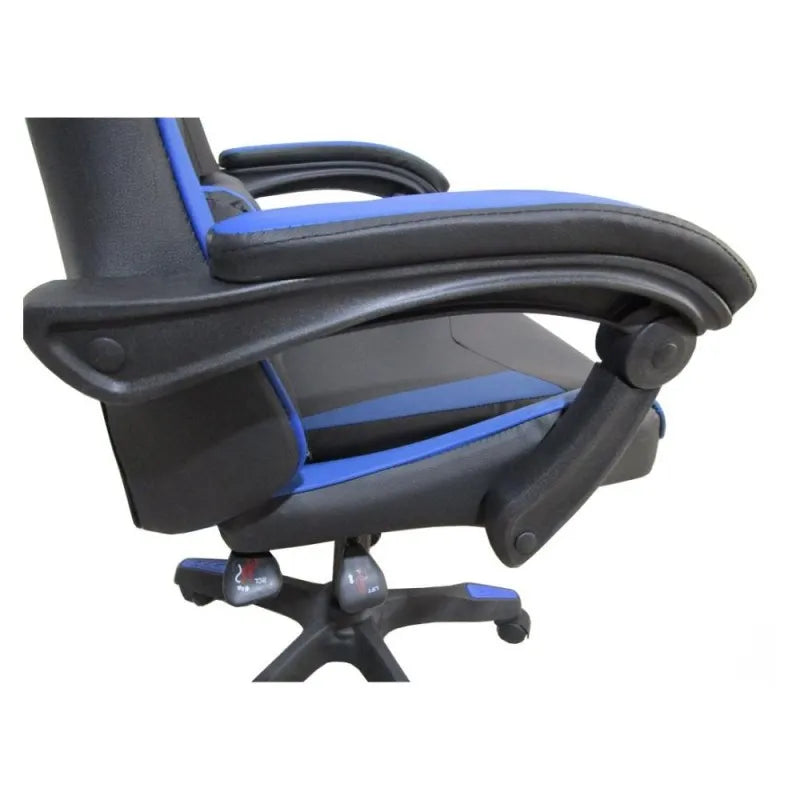 Sedia gaming nera con dettagli blu e schienale alto reclinabile in PVC