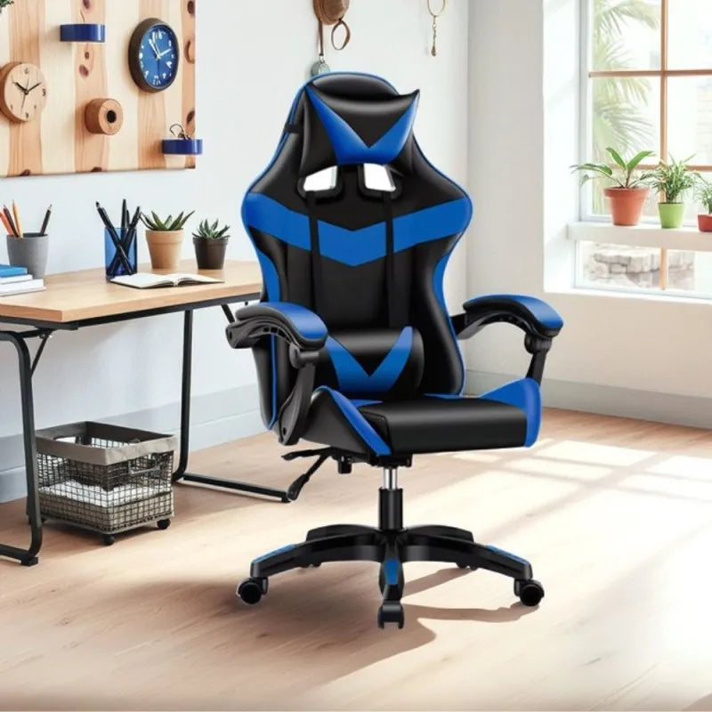 Sedia gaming nera con dettagli blu e schienale alto reclinabile in PVC