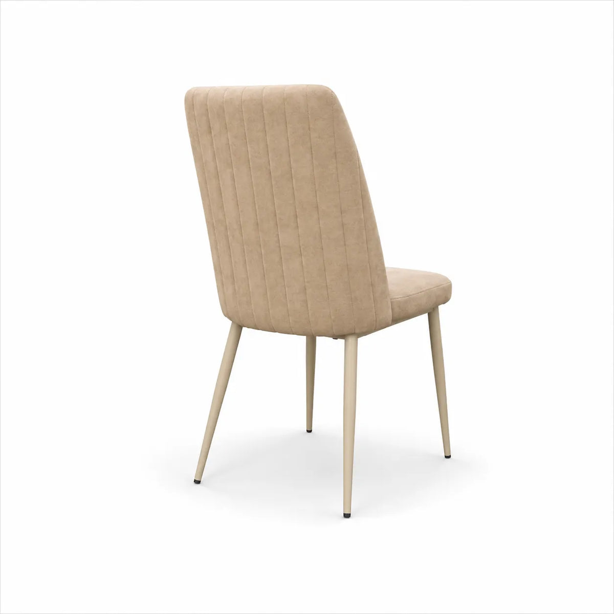 Sedia TUFI imbottita in microfibra HTSDR con schienale trapuntato e gambe in metallo, disponibile nei colori Tortora, Cammello e Grigio, venduta in set da 2.