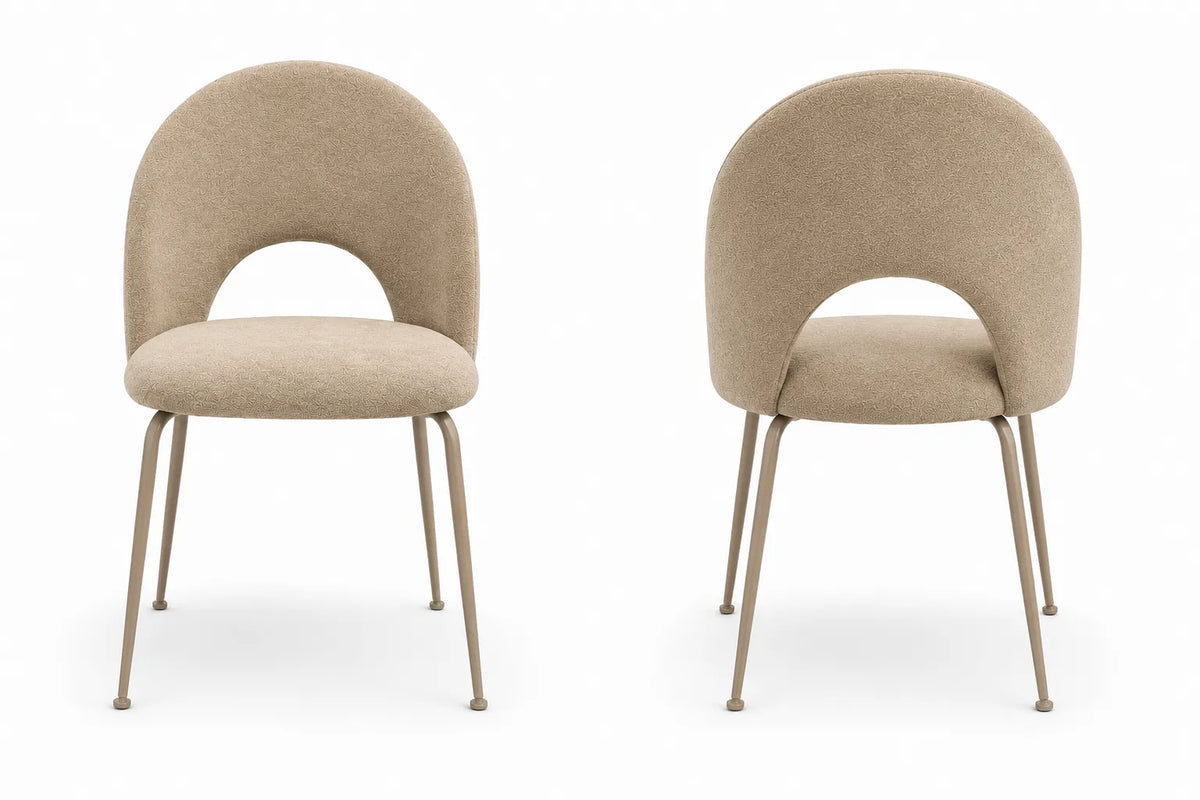 Sedia Paola imbottita in microfibra HTSDR con gambe in metallo verniciato a polvere, disponibile in tortora, verde, grigio e cammello, venduta in set da 2.
