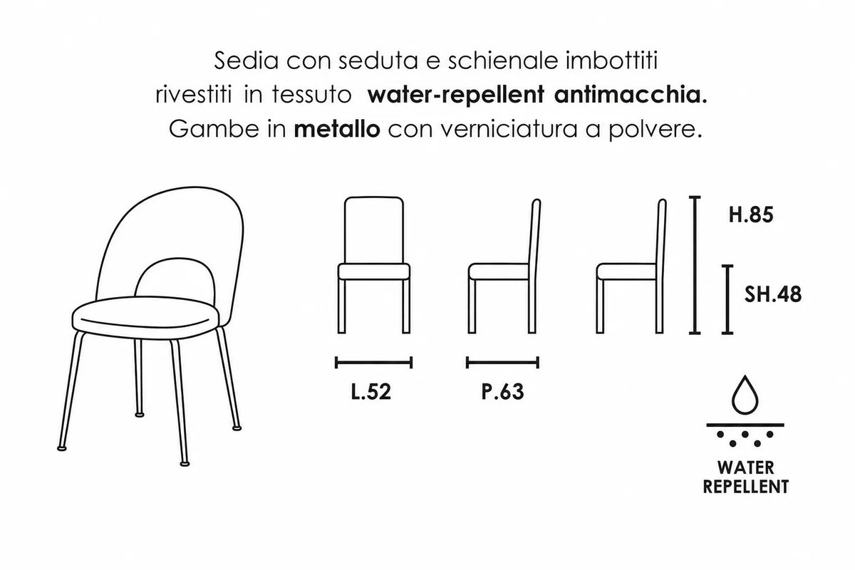 Sedia Paola imbottita in tessuto Water Repellent antimacchia fango e grigio chiaro con gambe in metallo nero.