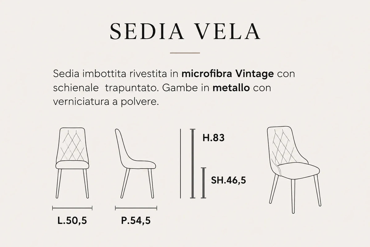 Sedia Vela imbottita in microfibra Vintage con schienale trapuntato e gambe in metallo verniciato a polvere