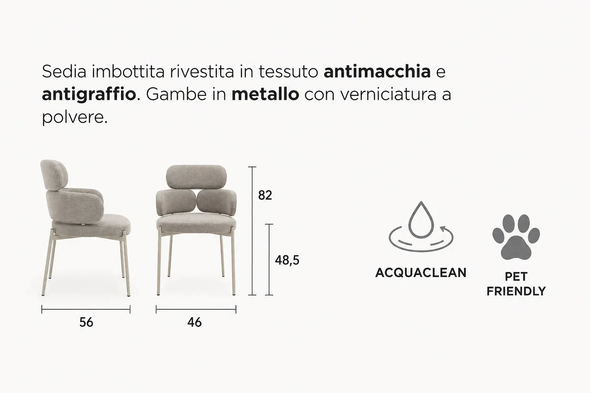 Set da 2 sedie Alma imbottite in tessuto Acquaclean antimacchia e Pet Friendly, colore Tortora con gambe in metallo color Champagne.